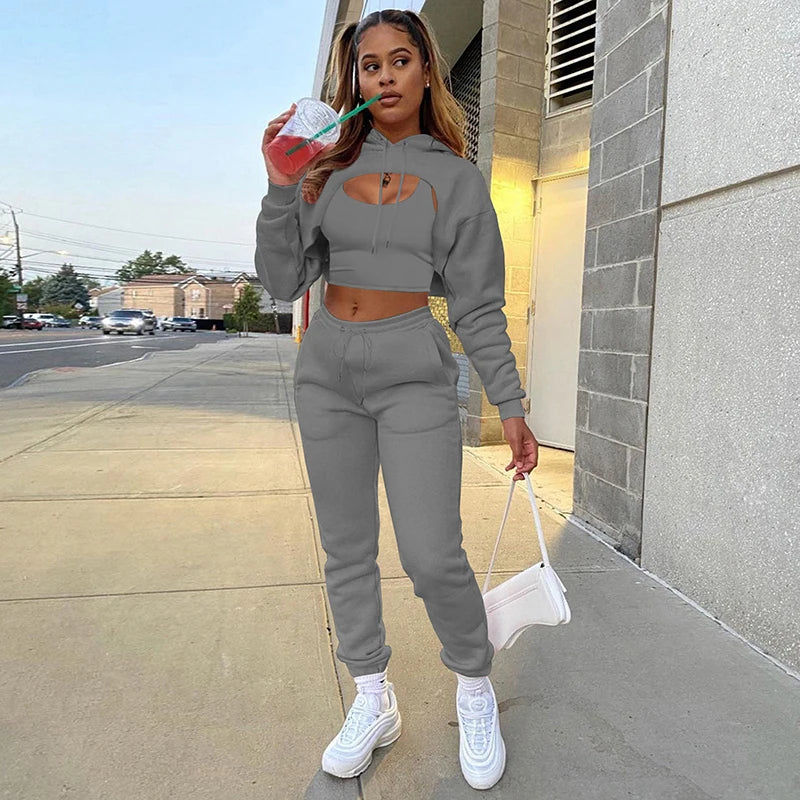 Women 3 Pieces Sets Sweatpants and Hoodie Set Cropped Tops Fleece Pants Suit Tracksuit Fitness Sport Jogger Outfit Clothing Dark Grey