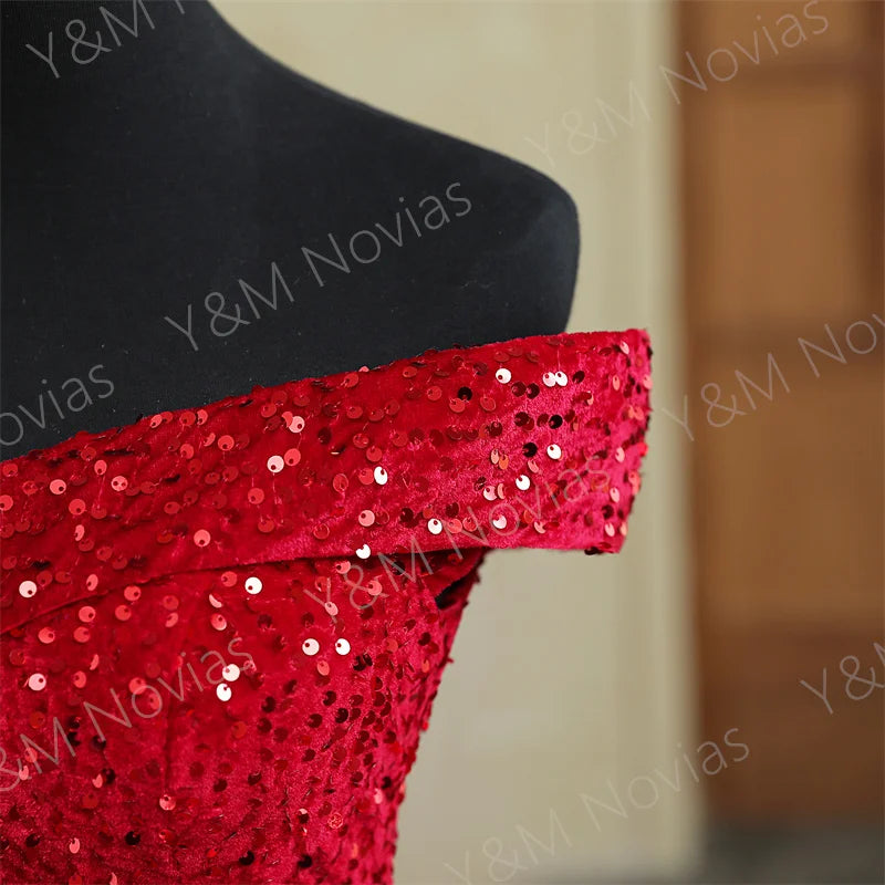 Y&M Novias Custom Plus Size Luxury Sequins Bow Off Shoulder Dark Red Quinceanera Dresses 15 Ball Gown For Party Vestido De Noiva Badiee Stylez
