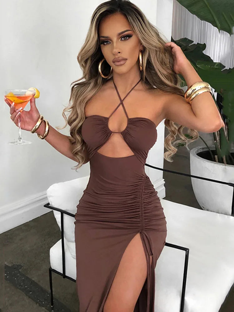Sleeveless Sexy Female Midi Backless Dresses Slim Night Club Party Women's Dress Bodycon Vestidos Elegantes Para Mujer Brown