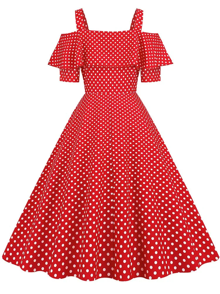 Off the Shoulder Elegant Vintage Party Dress Women Summer Polka Dot Ruffles A Line Midi Dresses