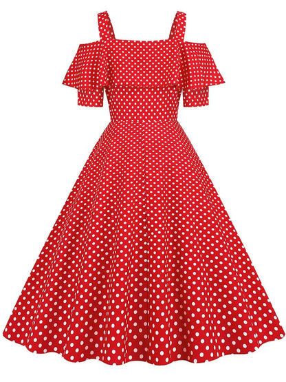 Off the Shoulder Elegant Vintage Party Dress Women Summer Polka Dot Ruffles A Line Midi Dresses Badiee Stylez