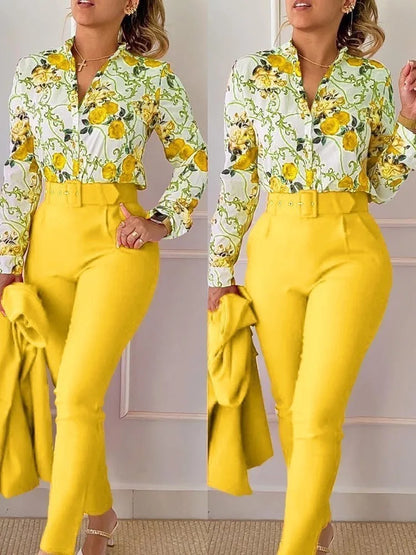 Autumn Winter Stand Neck Floral Print Long Sleeve Shirt Pants Two Piece Sets Elegant Women Casual Shirt Trousers Suits With Belt Light Yellow CHINA