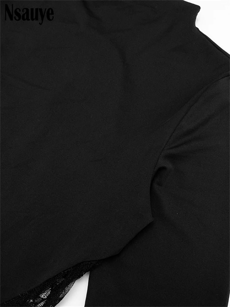 Nsauye Sexy Hollow Out Backless Lace Patchwork Slim Maxi Dresses For Women 2025 Autumn Winter Long Sleeve Long Dress Club Party