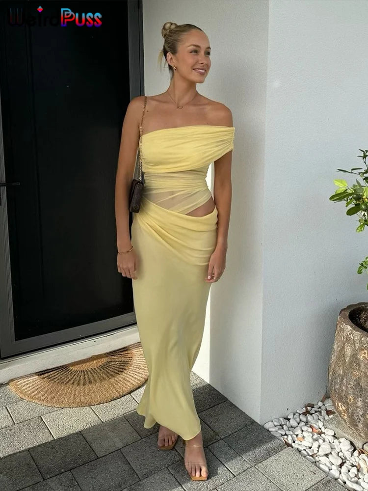 Weird Puss Ruched Irregular Dress Women Mesh Patchwork Slash Neck Short Sleeve Skinny Stretch Trend Elegant Long Bodycon Outfits