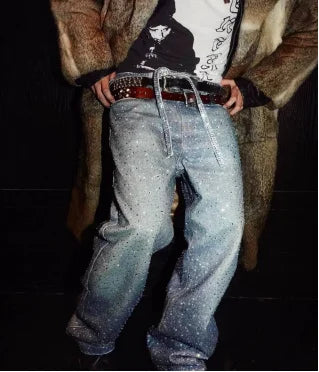 Street fashion retro design jeans Y2K rhinestone sequins retro blue loose men's and women's jeans high waist wide-leg trousers