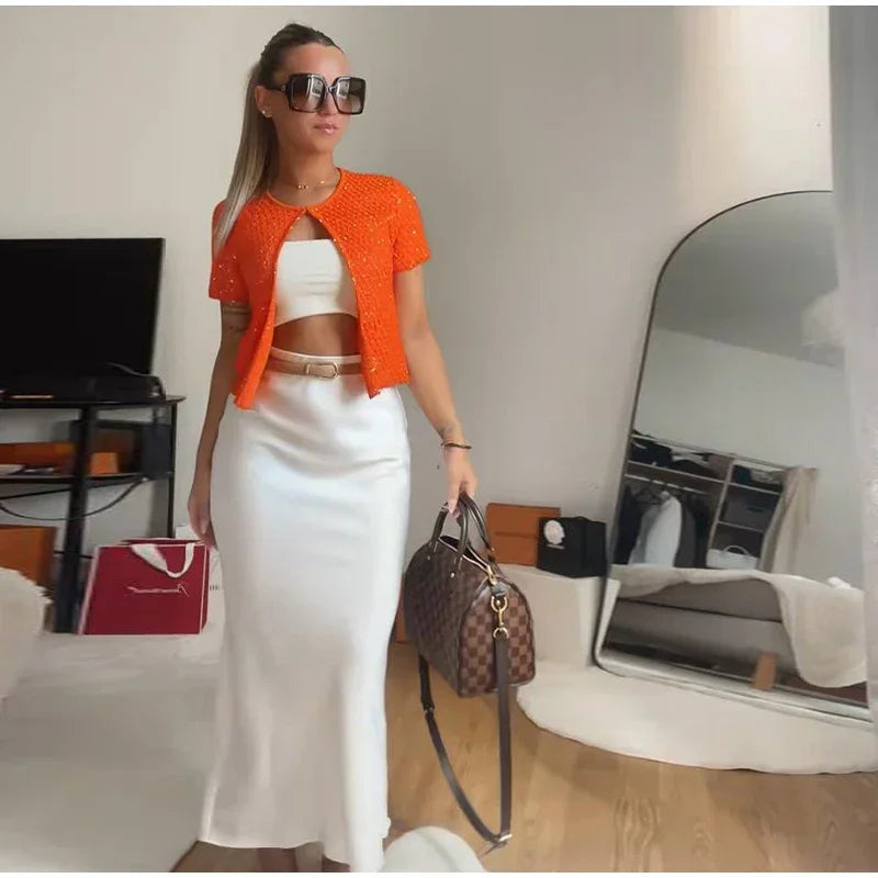 Elegant Sequined Orange Cardigans Women Y2k O-neck Short Sleeve One Button Female Tops 2025 Street Summer Lady Chic Knitwear