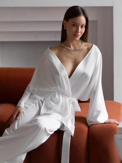 Mozuleva Solid Color Long Sleeved Pants Pajama 2-Piece Set Women's Autumn Winter Lace Up Nightgown Comfortable Home Clothing