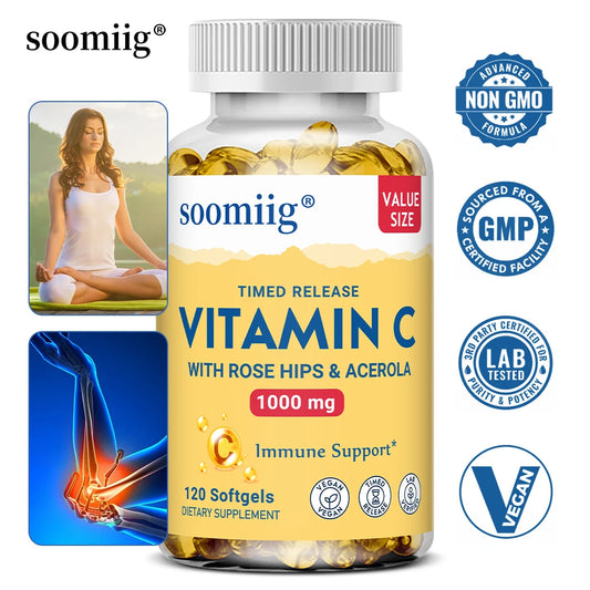 Vitamin C W/Rose Hips & Acerola | 1000mg | Two-Stage Timed-Release Healthy Immune Function, Skin, Hair & Nails Support | Non-GMO