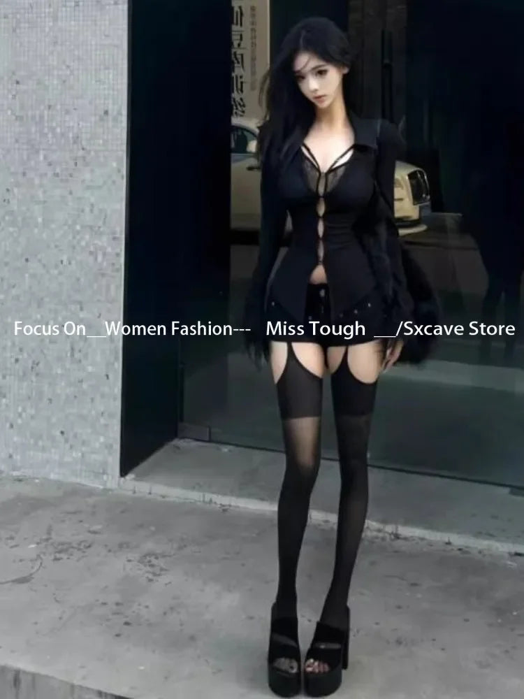 Gothic Y2k Aesthetic Women Sexy Hollow Out T-shirt Vintage Lace Patchwork Streetwear Grunge Tops Harajuku Slim Fit Black Tees