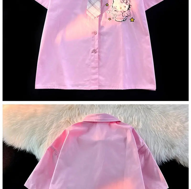 Hello Kitty Cute Short Sleeve Polo Shirts Women Sanrio Designer College Style Summer Blouse Korean Clothes Y2k New Fashion Tops