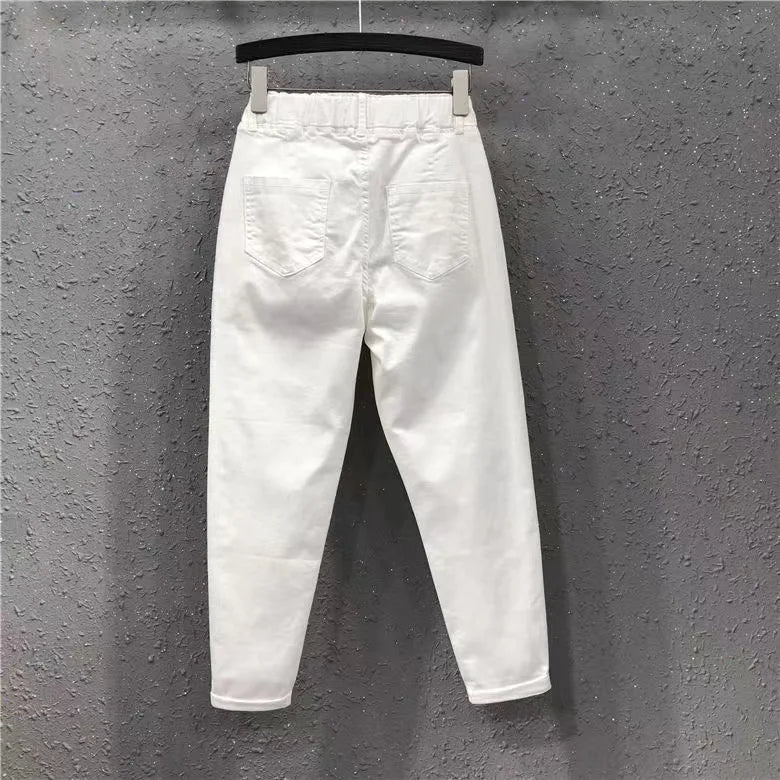 New Spring Summer Women Casual Harem Pants All-matched Casual Cotton Denim Pants Elastic Waist Solid Yellow White Jeans Female