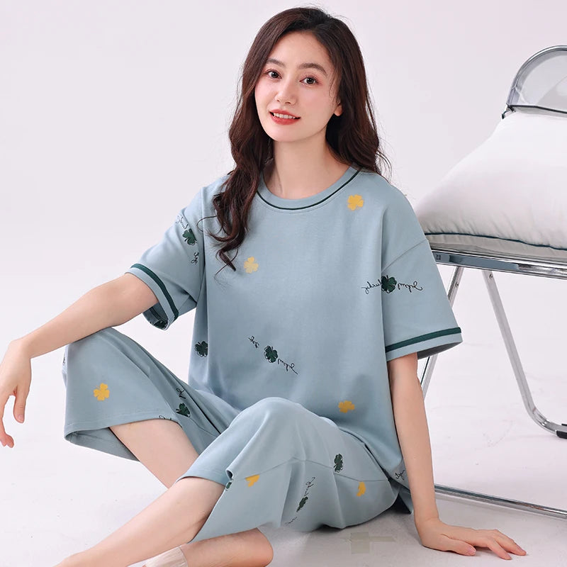 Newest Summer Casual Pajamas Set Women 100% Cotton Sleepwear Female Short Top+Calf-Length Pant Pyjamas DM99173