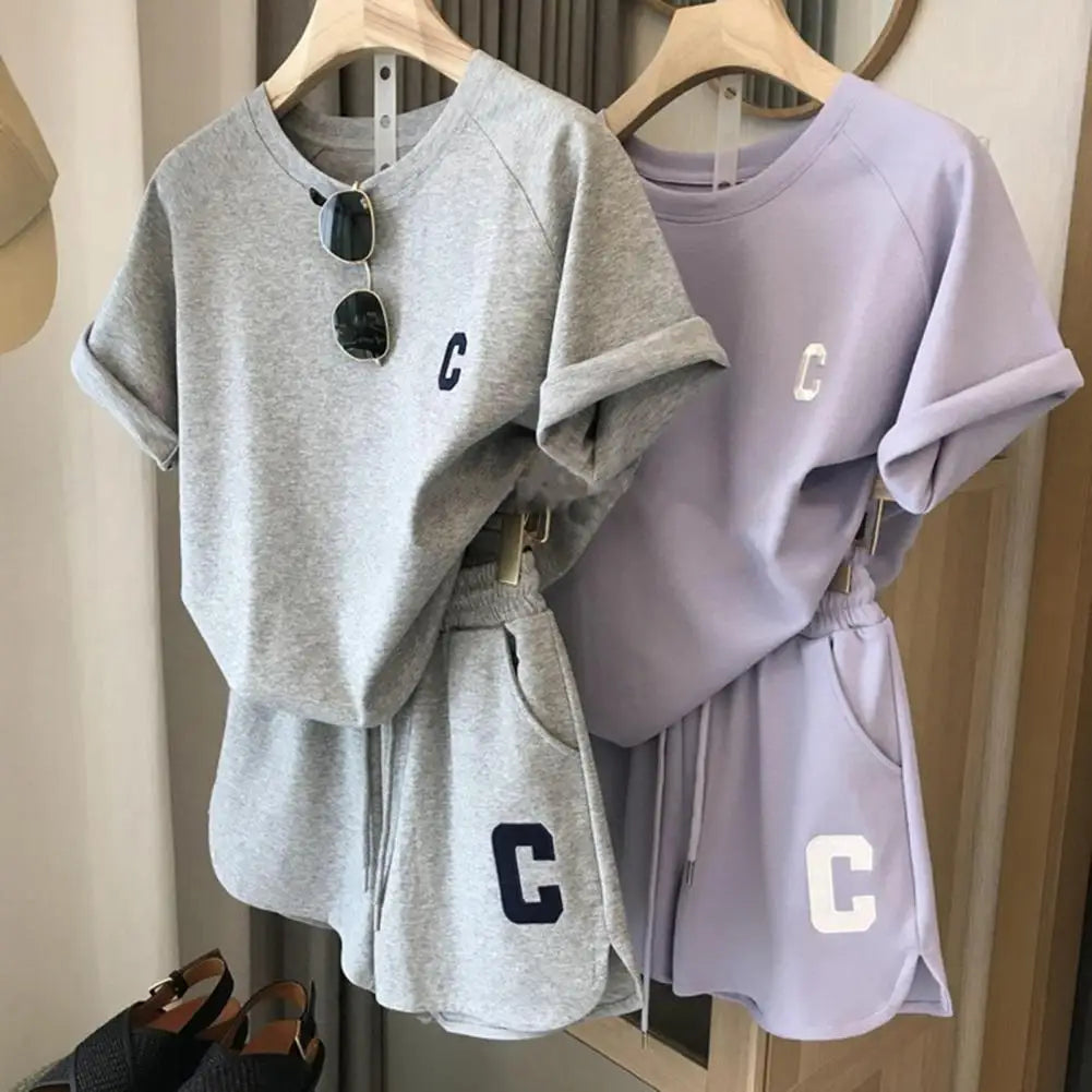 Women Tracksuit C Letter Print Short Sleeve T-shirt Drawstring Shorts Sport Suit Lady Exercise T-shirt Shorts Two-piece Suit