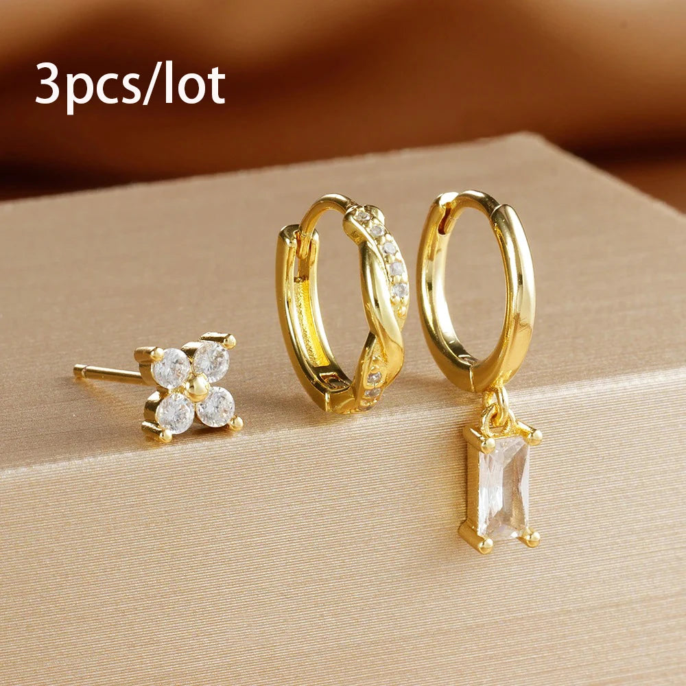 3PCS Fashion Stainless Steel Circle Hoop Earrings Set for Women 18K Gold Plated Zircon Pendant Square Earring Piercing Jewelry Gold-white-3pcs