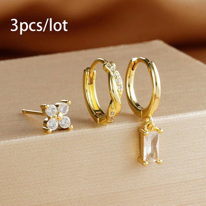3PCS Fashion Stainless Steel Circle Hoop Earrings Set for Women 18K Gold Plated Zircon Pendant Square Earring Piercing Jewelry Gold-white-3pcs