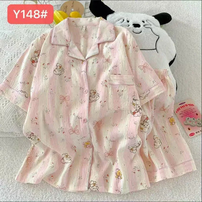 Cute Pink Cloud Cotton Spwear Bear Print Home Clothes Long Sve ort Sve Women's Comfortable Home Suit Summer Thin Y148