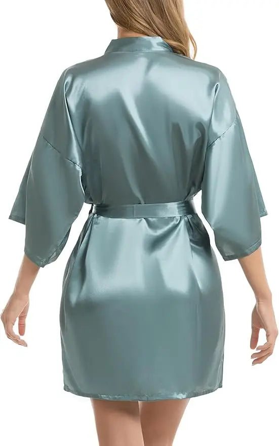 Womens Kimono Robes Dressing Gown Satin Bathrobe Nightdress Short Style Bridal Robe