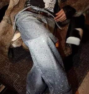 Street fashion retro design jeans Y2K rhinestone sequins retro blue loose men's and women's jeans high waist wide-leg trousers