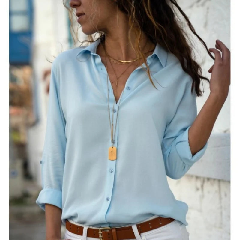 Women Elegant Solid Chiffon Blouse Spring Summer Casual Long Sleeve V Neck Loose Shirt Office Lady Tunics Oversized Tops 2023 Light Blue