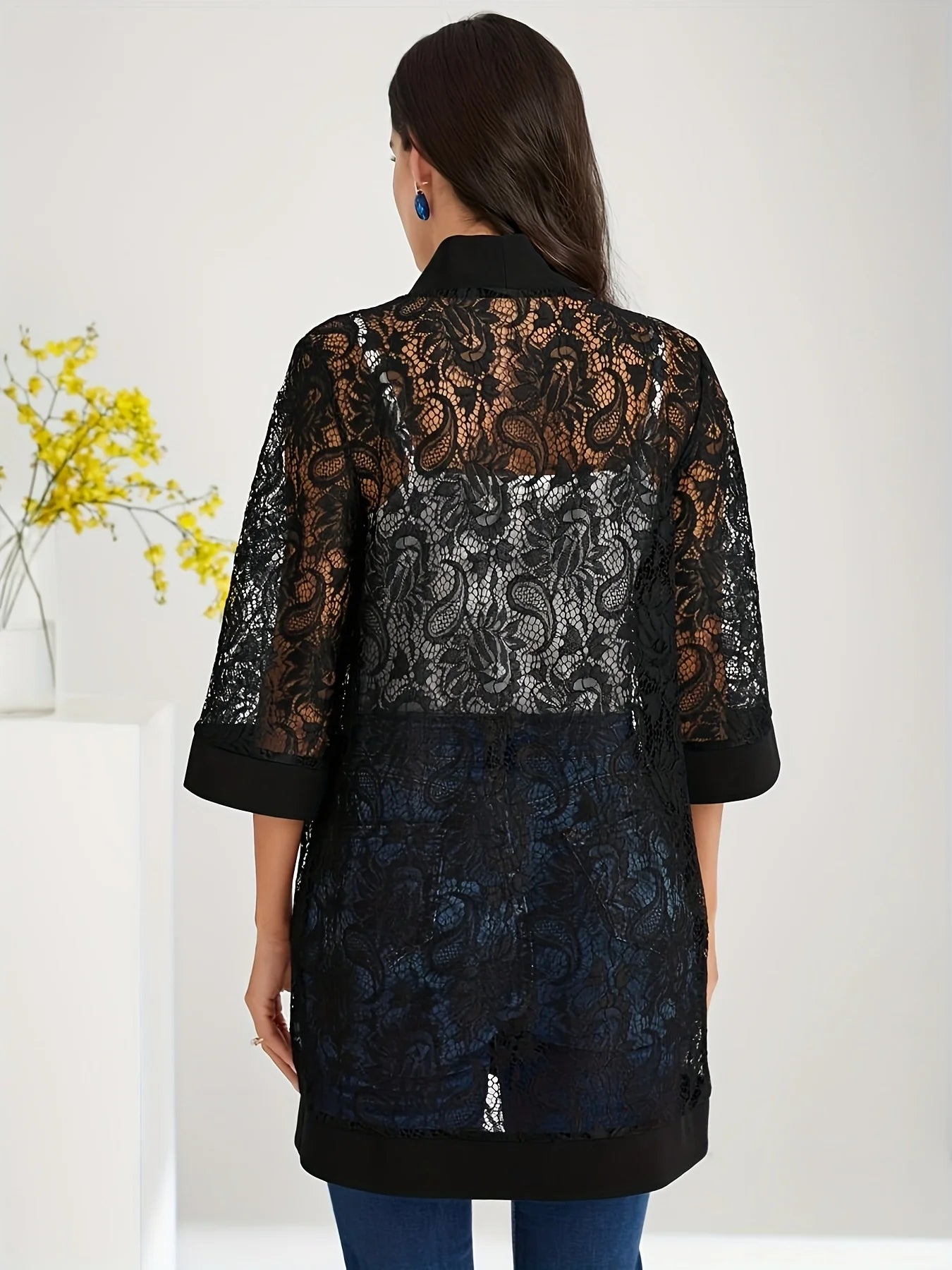 Plus Size Lace Jacket for Women Black Floral Pattern Casual Style Medium Stretch Fabric All Seasons Floral Pattern Cardigan