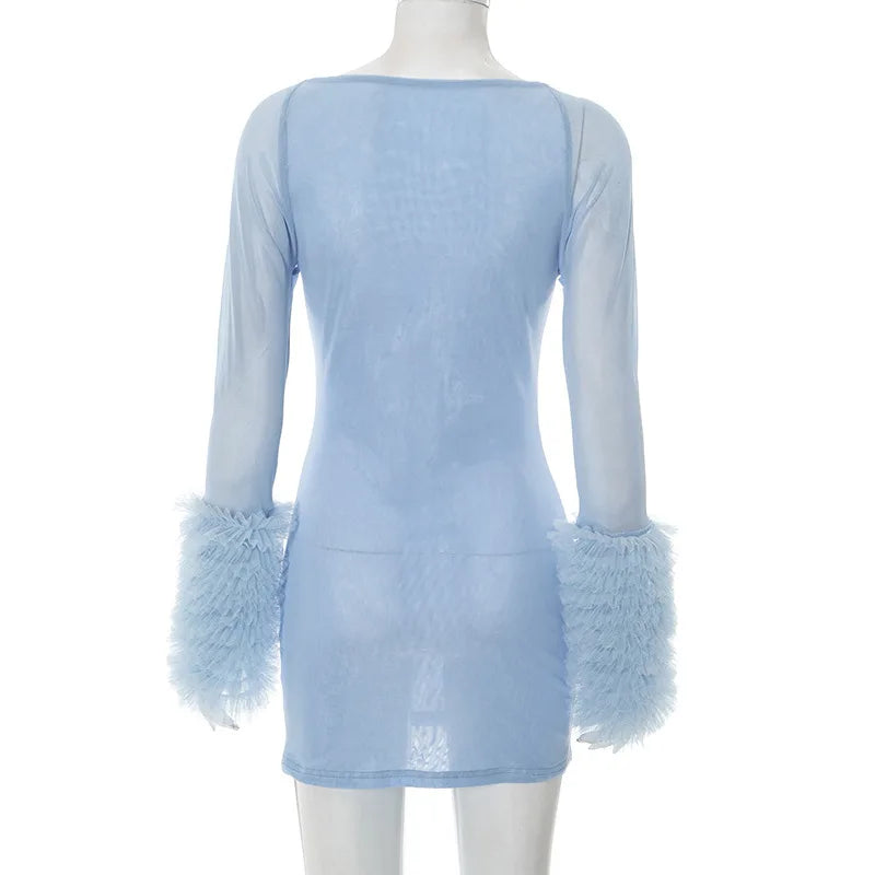 2025 Autumn Furry Patchwork Dress Women See Through Full Sleeve Sexy Hollow Cross Elegant Luxury Banquet Birthday Party Clubwear Badiee Stylez