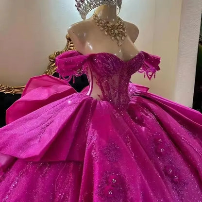 ANGELSBRIDEP Shiny Fuchsia Quinceanera Dresses With Bow Glittering Beading Lace Crystal Vestidos De 15 Anos Birthday Party Prom Badiee Stylez
