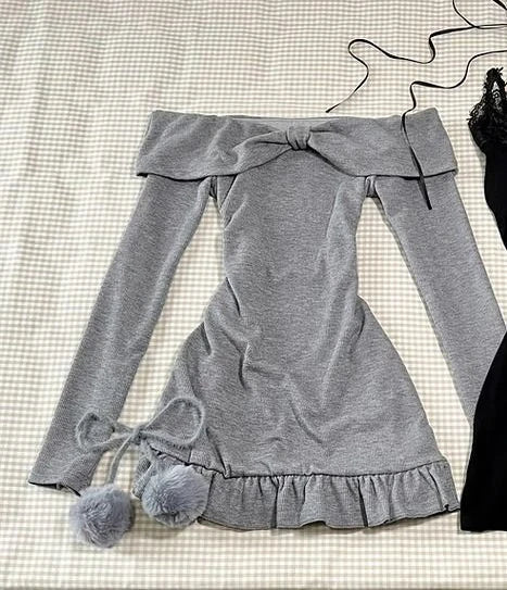 2024 High Street Two Piece Set Gray Slash Neck Long Sleeve Spliced Plested Dresses Y2k Aesthetic Vintage Lace Design Sling Dress Badiee Stylez