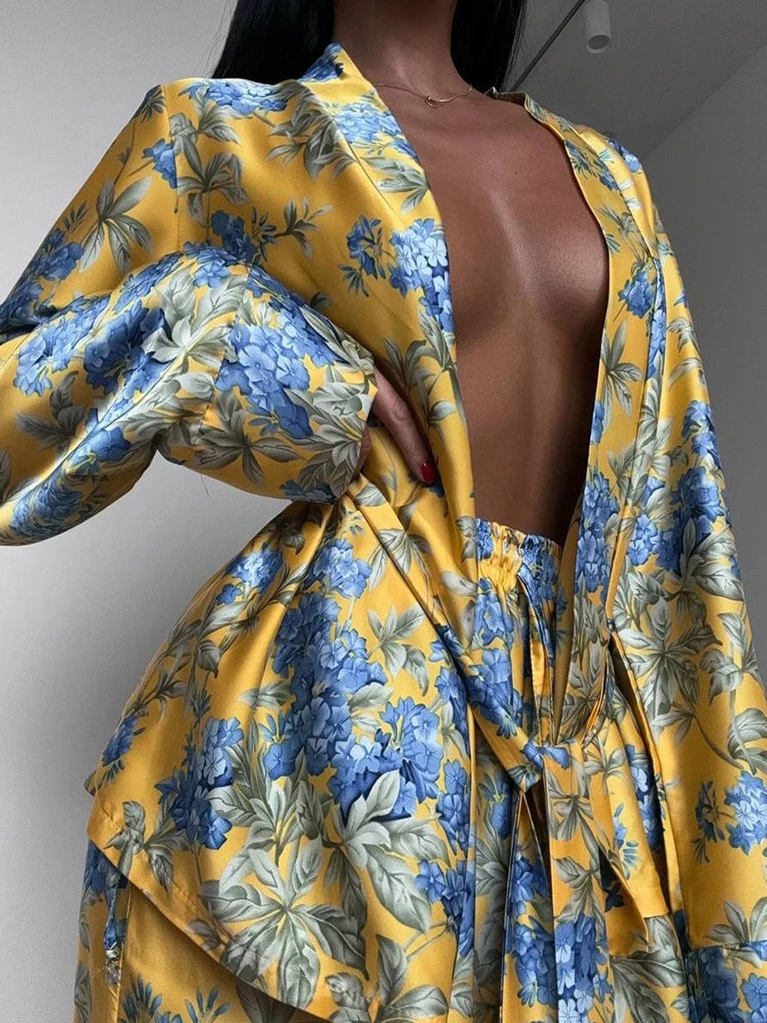 Marthaqiqi Fashion Women Nightwear Suit V-Neck Pajamas Long Sleeve Nightie Lace Up Nightgowns Pants Printing Ladies Pyjamas Set