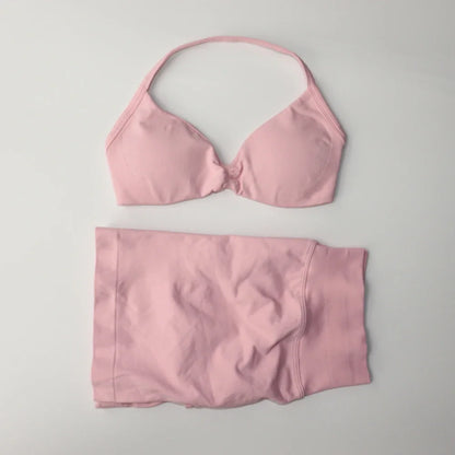 Impact Gym Set Women Two Piece Strappy Yoga Bra Top Workout Scrunch Shorts Suit Fitness Clothes Seamless Sportswear Workout Set Pink