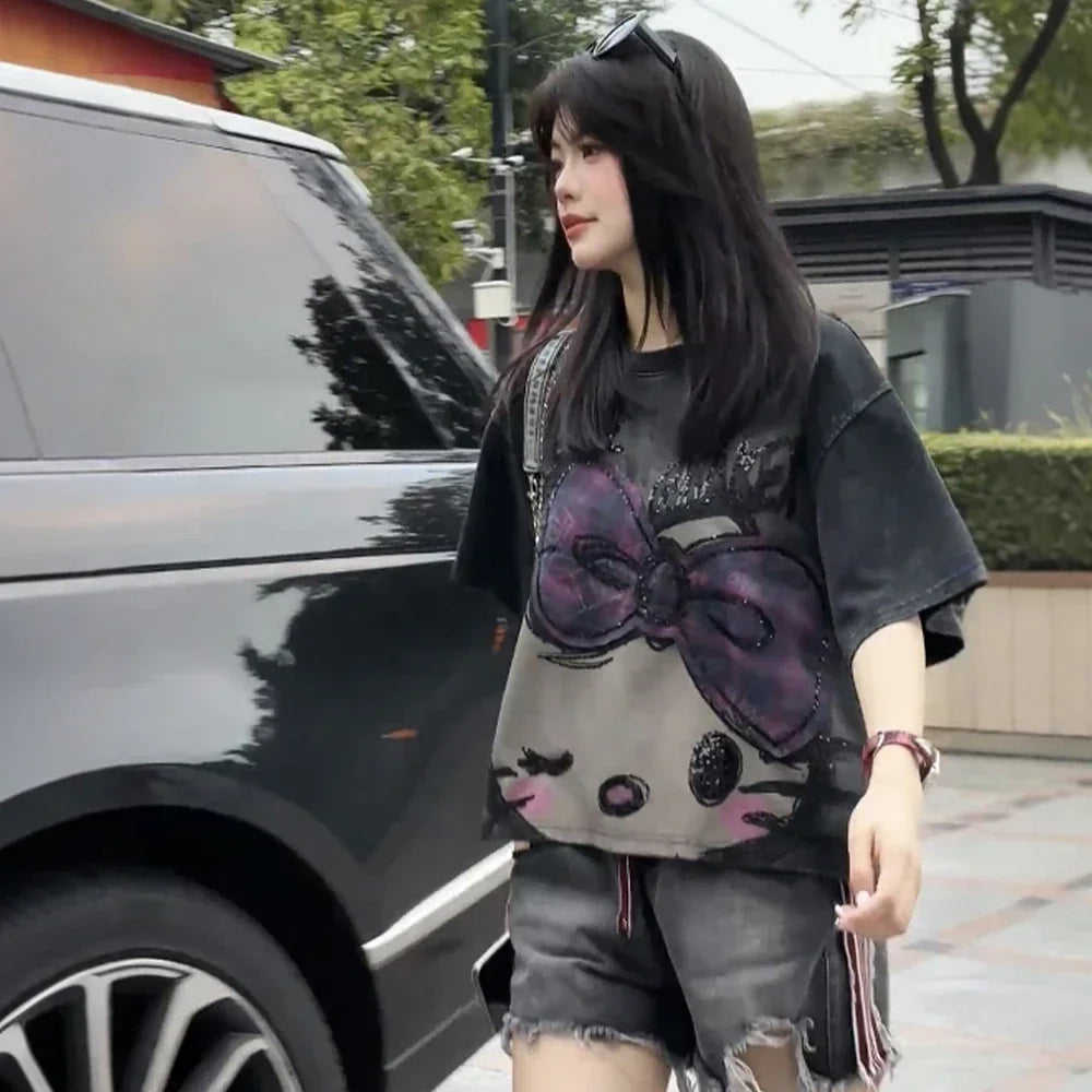 Y2K Hello Kitty Girls Short Sleeve Anime Sanrios Cartoon Cute Summer Sweet Cotton Women T-Shirt Kawaii Casual Loose Trend Tops Badiee Stylez