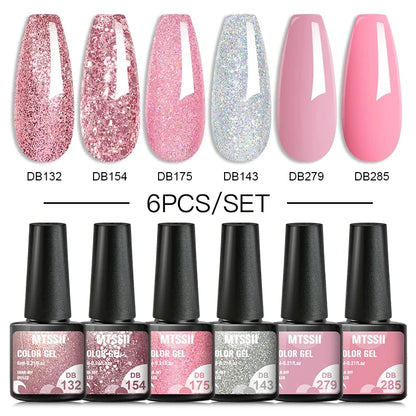 6PCS/SET Glitter Bright Pink Peach Gel Nail Polish Kit Spring Colorful Semi Permanent Soak Off Art UV Gel Varnish For Manicure ZH22309