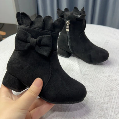 Spring Autumn Bow Girls Fashion Toddler Boots PU Leather Low Heel Kids Princess Boots Party Zip Children Ankle Baby Girl Shoes Black