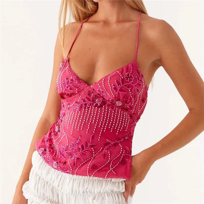 Y2k Sequin Beaded Halter Tops Boho Beach Backless Camis E-girl Sexy Club Party Sleeveless Shirt Vest Vintage Crop Tops Women Type 11