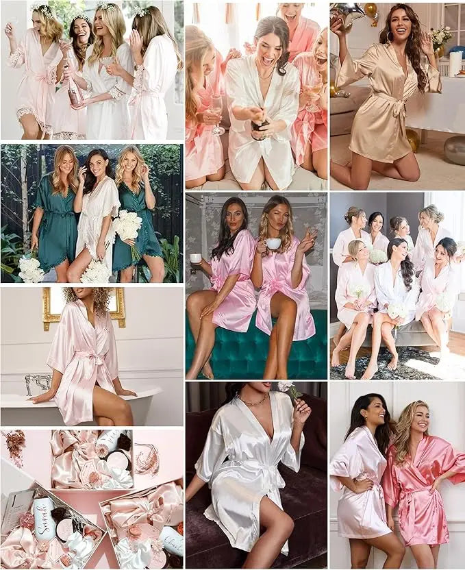 Womens Kimono Robes Dressing Gown Satin Bathrobe Nightdress Short Style Bridal Robe