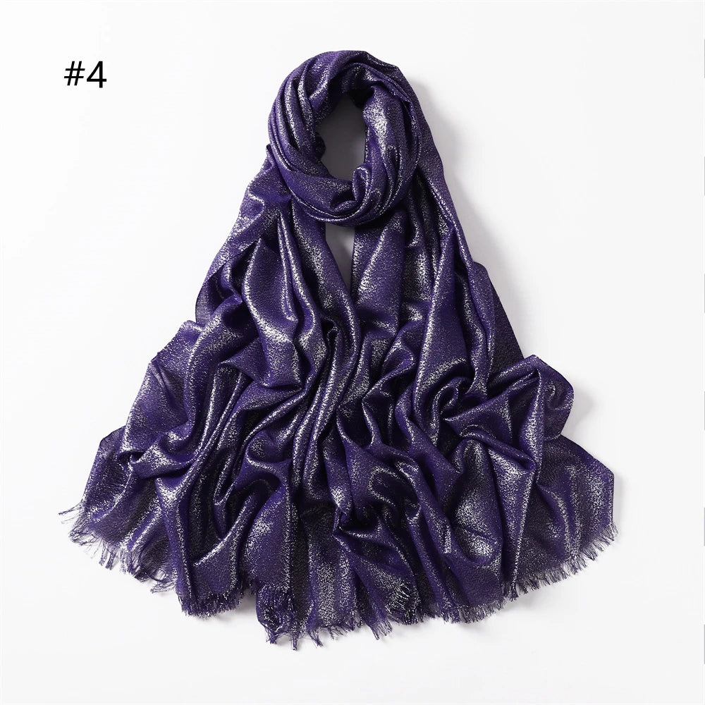Lastest Brand Design Scarf Shiny Solid Color Shawls Rayon Fabric Gold Silk Silver Wire Head Shawl Fringe Hijab For Women
