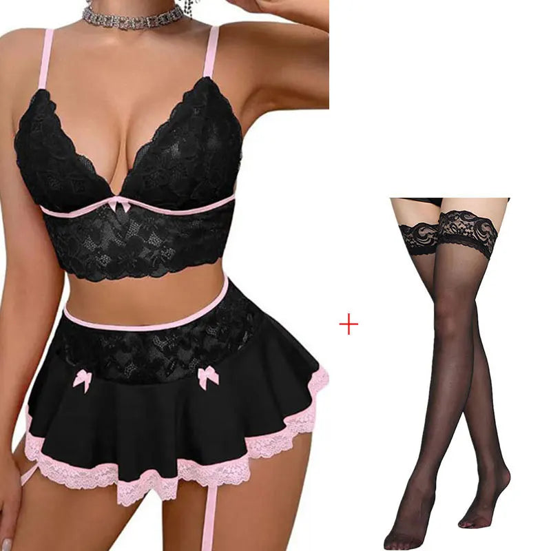 Lace Bra And Panty Set With Garter+Stockings Crotchless Lace Transparent Bra Exotic Sets Sexy Thong Cosplay Sexy Costumes black with socks
