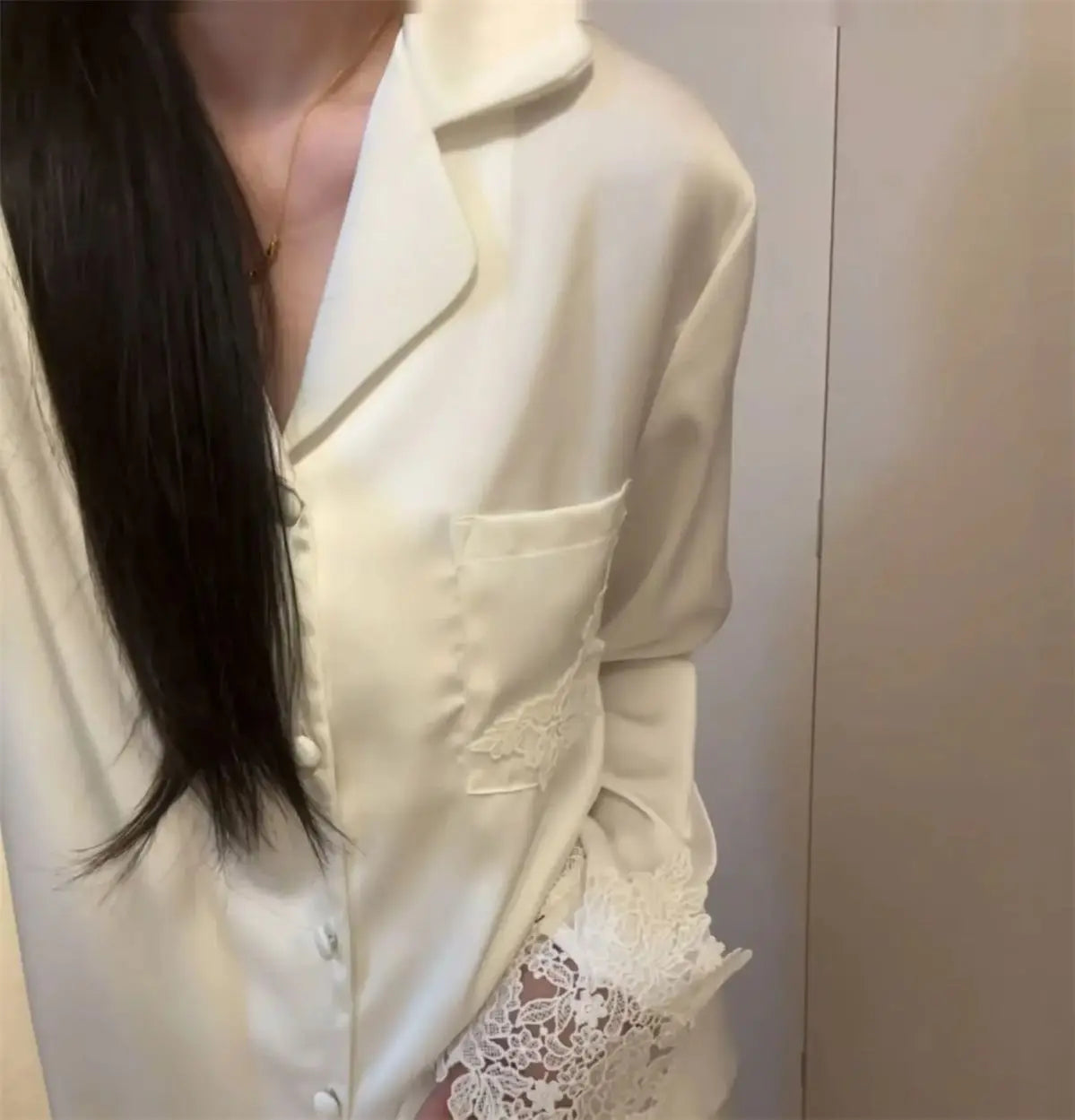 Female Pajamas Set White Satin Lace Trim Bride Wedding Sleepwear Gift Homewear Sexy Loose Long Sleeve Trouser Suit Loungewear