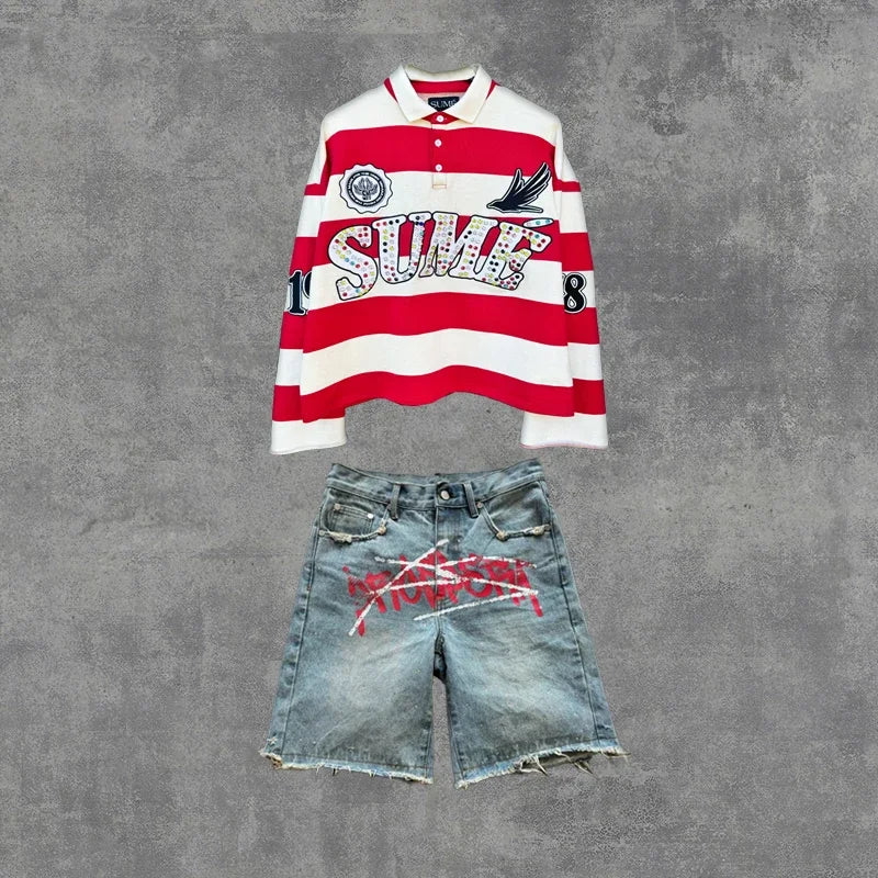 Couple summer washing fashion rhinestone striped two-piece set of denim shorts original color casual printing five-point pants Set