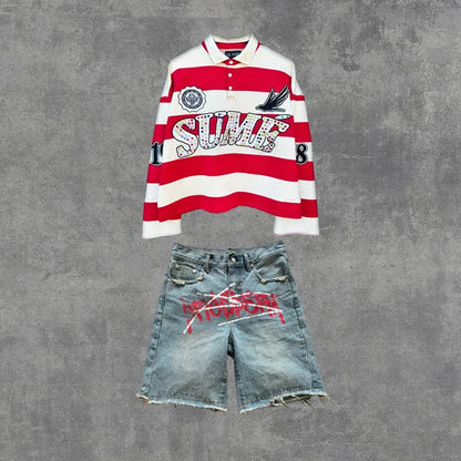 Couple summer washing fashion rhinestone striped two-piece set of denim shorts original color casual printing five-point pants Set