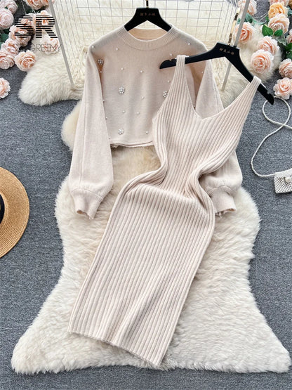 SINGREINY Beading Casual Two Piece Set Women Long Sleeve O Neck Pullover Midi Dress Fashion 2023 Winter Sweater Suit Dresses Badiee Stylez