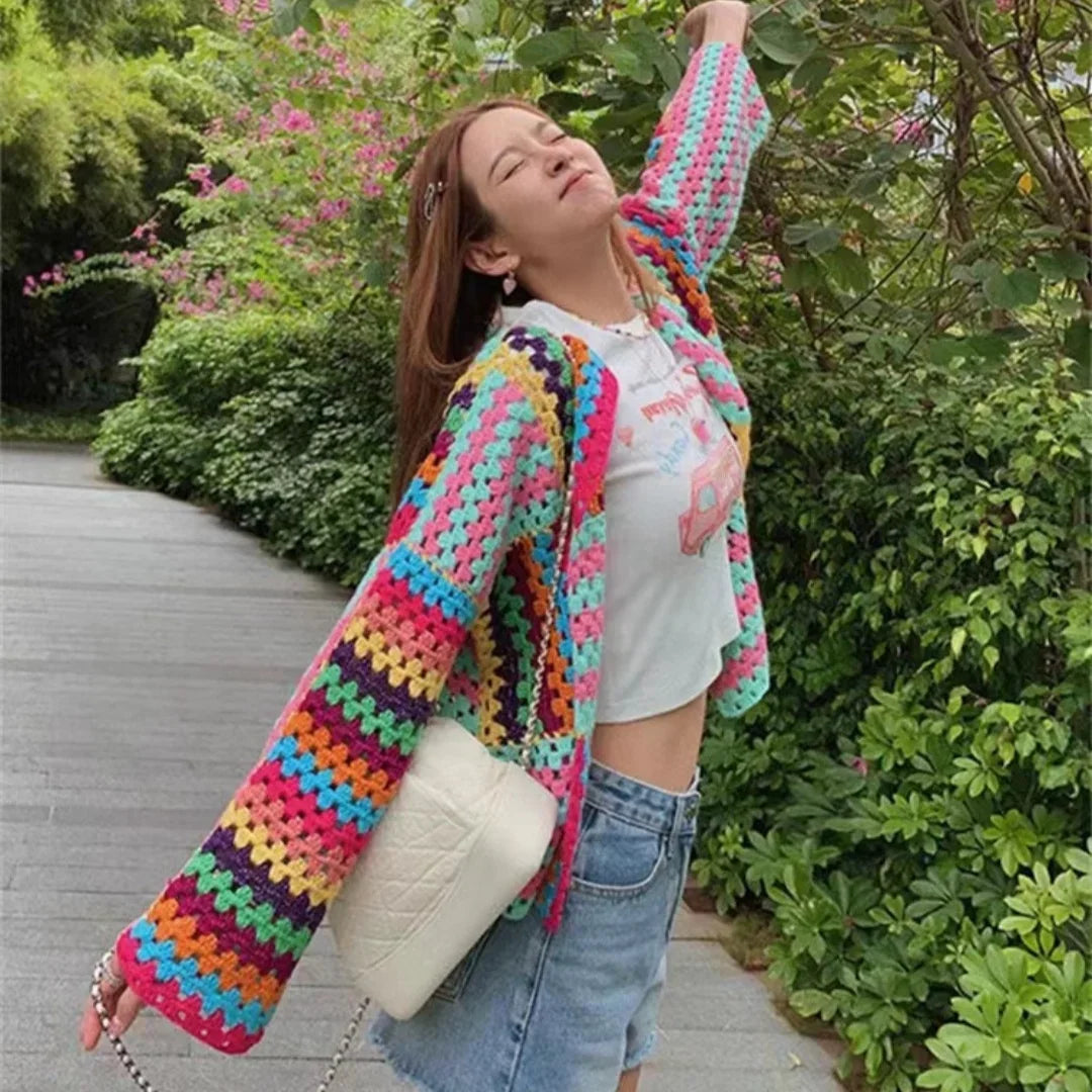 Colorful Crochet Knitted Hollow Cardigan Sweater Jacket New Top Loose Women's Clothing
