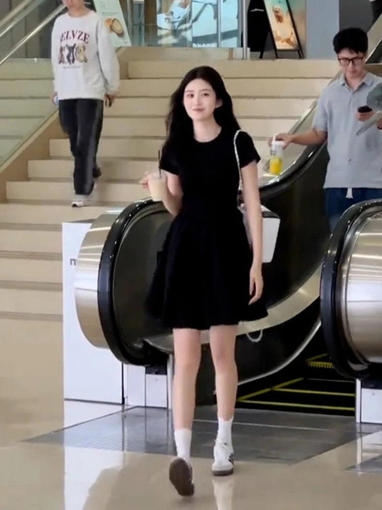 Women's Petite Black Summer Dress Round Collar Short Sleeve Slimming A-Line Mini Streetwear French Elegant LBD for Juniors