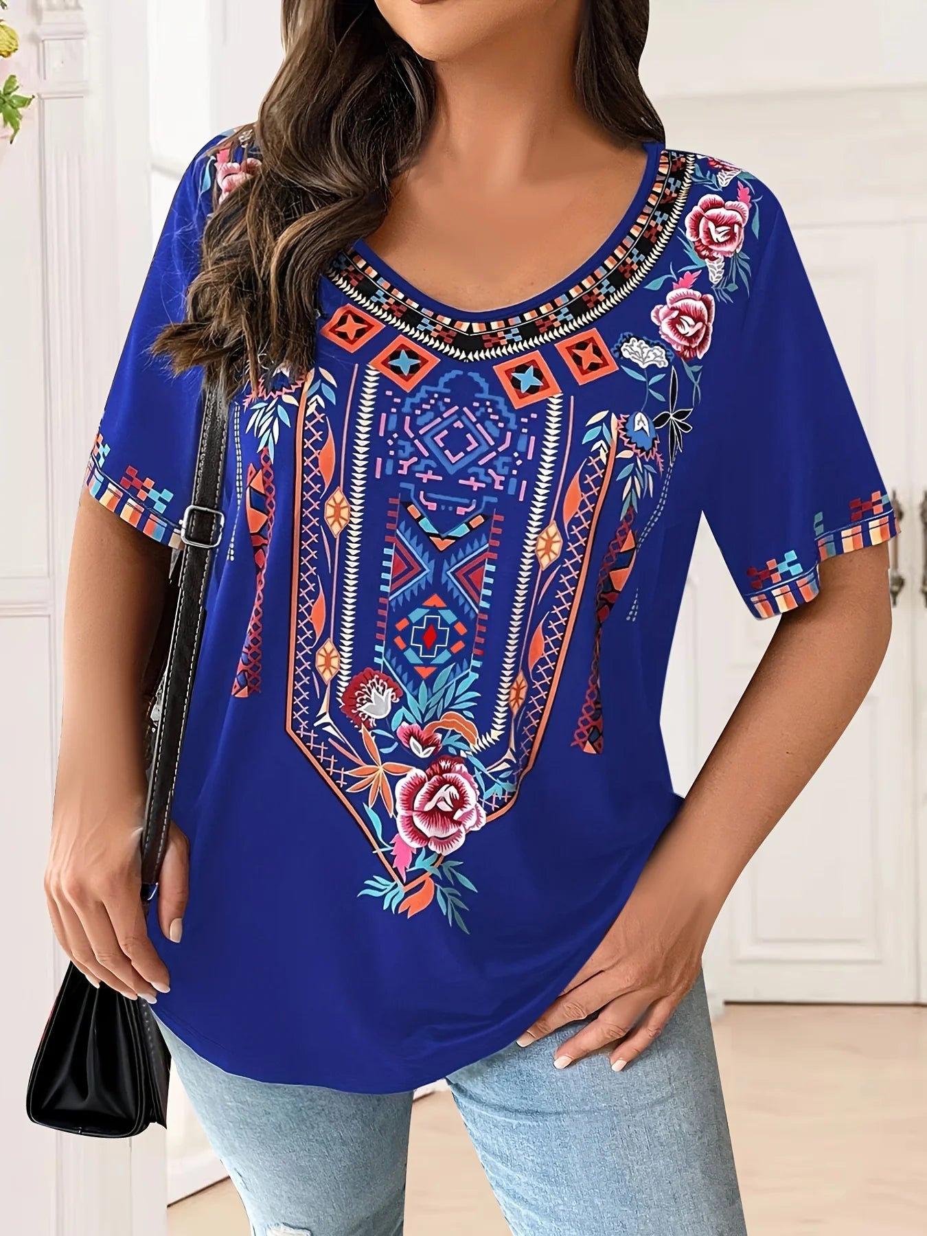 Plus Size Women's T-Shirt Boho Harajuku Graphic Print Summer Short Sleeve Casual Tops Street Fashion T-Shirt Female Clothing blue