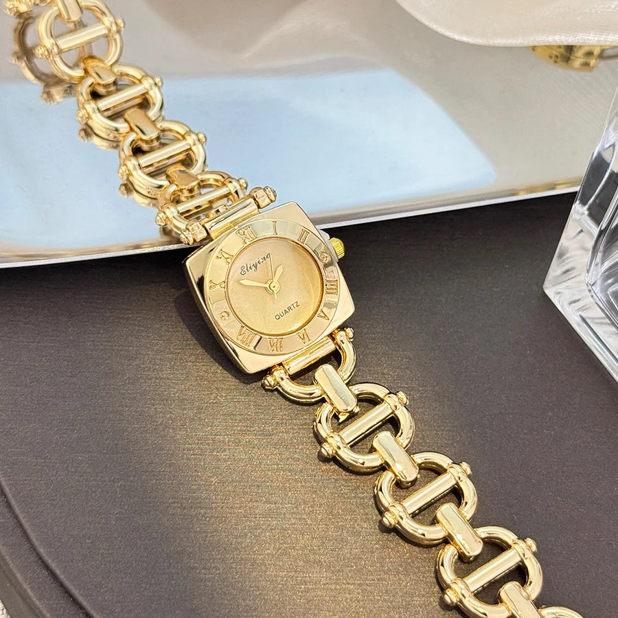 High-End Women's Skeleton Design Watch Square Roman Hour Markers Light Luxury Fashion Cross-Border Best-Seller Ladies Watch