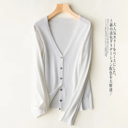 Women Cardigans 2025 Single Breasted Solid Knitted Shirt Spring Autumn Cardigan Korean Fashion V-neck Sweaters Knit Outerwear WHITE