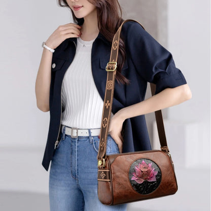 Three Layers Women Handbag Soft Leather Shoulder Crossbody Bags for Women Flower Print Ladies Messenger Bag with WIde Strap