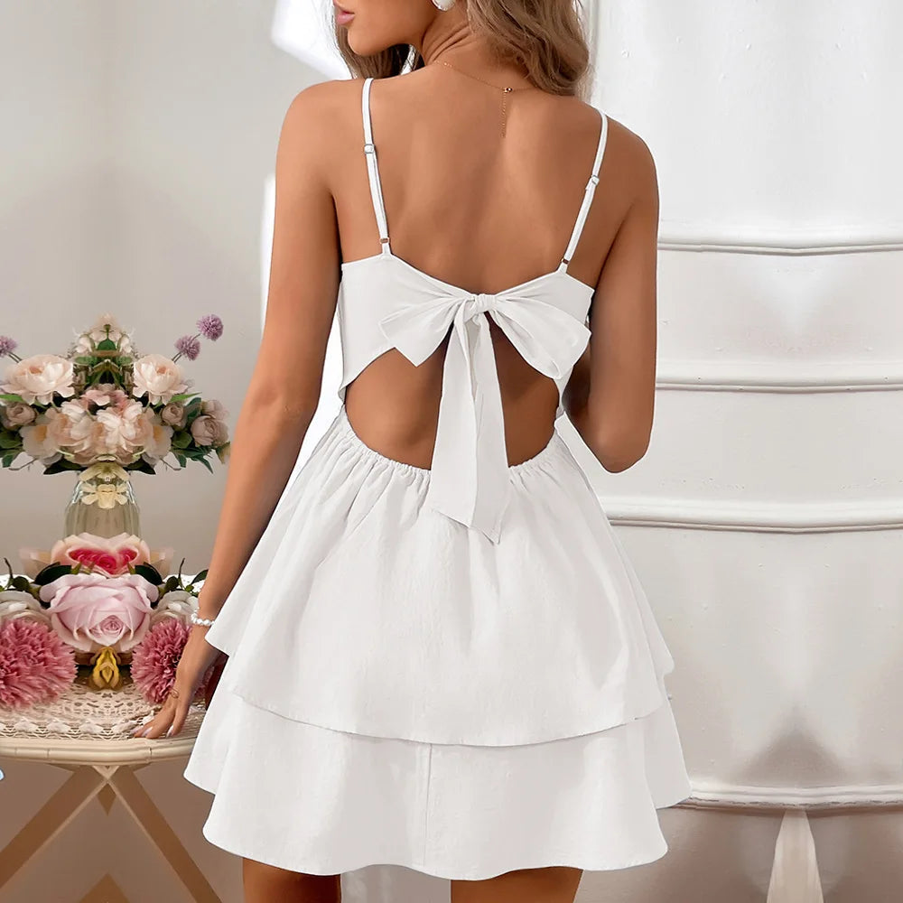 Spring Summer 2025 Open Back Bow Tie Short Sexy Strap Dress Women's Fashion Elegant Mini Dress Badiee Stylez