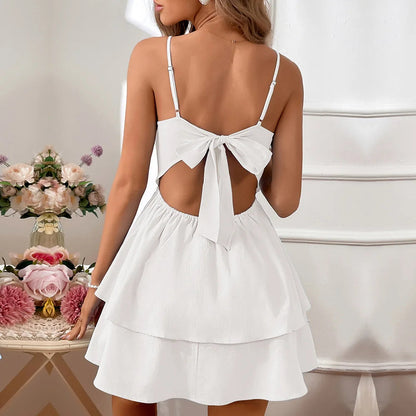 Spring Summer 2025 Open Back Bow Tie Short Sexy Strap Dress Women's Fashion Elegant Mini Dress Badiee Stylez
