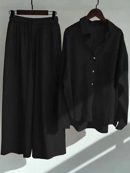 Pants Set Women Shirts Wide Leg Elastic Waist Cotton Linen Casual Sets Elegant Loose Long Sleeve Lapel Spring Shirt Y2k Suit Black Set