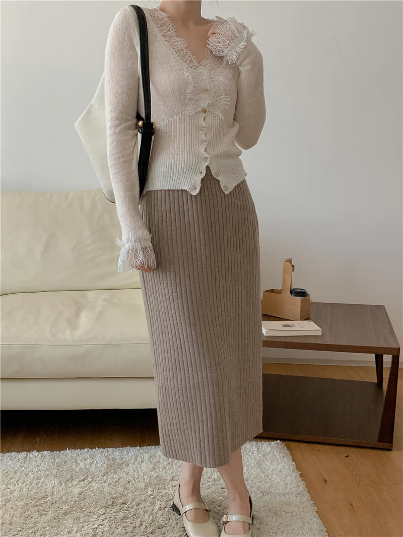 High-fashion Kawaii Botton Up Lace Patchwork Knitted Cardigan Women Autumn Winter Ladies Elegant Vintage Sweater Cheap Wholesale